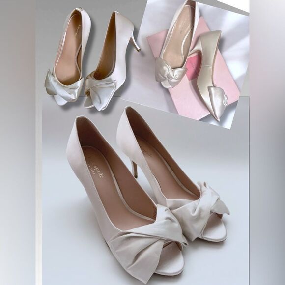 KATE SPADE NEW YORK Crawford Peep Toe Pump White Ivory Satin Evening Shoes 6.5 - Picture 1 of 11